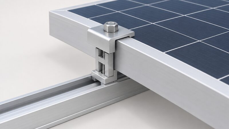 A close-up of a height-adjustable RS 1 clamp gripping the frame of a solar panel seated on an aluminium mounting rail, with the clamp's adjustable head shown mid-grip on the module frame edge.