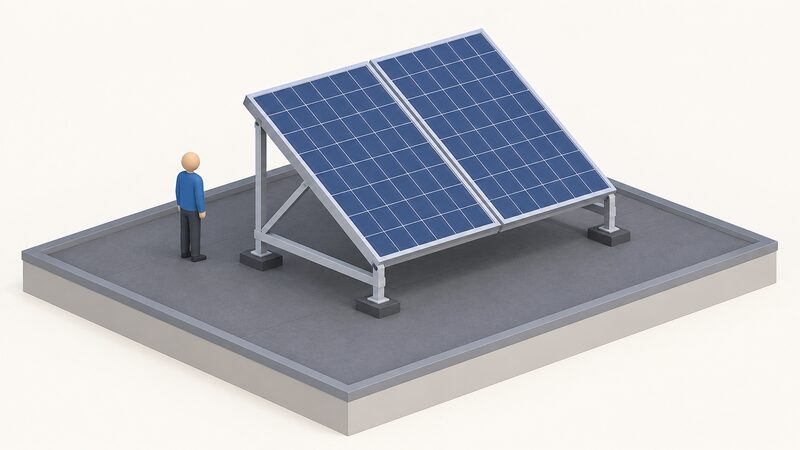 A triangular elevated mounting frame on a flat roof surface holding two solar modules tilted at an angle, raised clear above the roof covering, with a small isometric figure standing beside it to show the height gained.