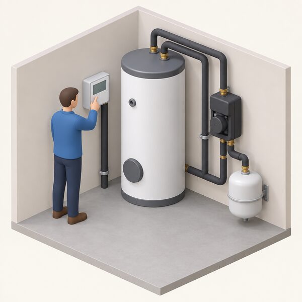 An isometric indoor scene showing a small wall-mounted solar thermal controller box fixed to the wall beside a hot water cylinder, with the pump station and expansion vessel nearby connected by insulated pipework, one simplified figure inspecting the controller.