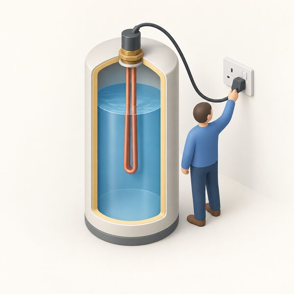 A cutaway hot water cylinder with an immersion heater screwed into its top, the heating element dipping down into the water, with a small isometric figure standing beside it connecting a cable from the immersion to the household electricity supply.