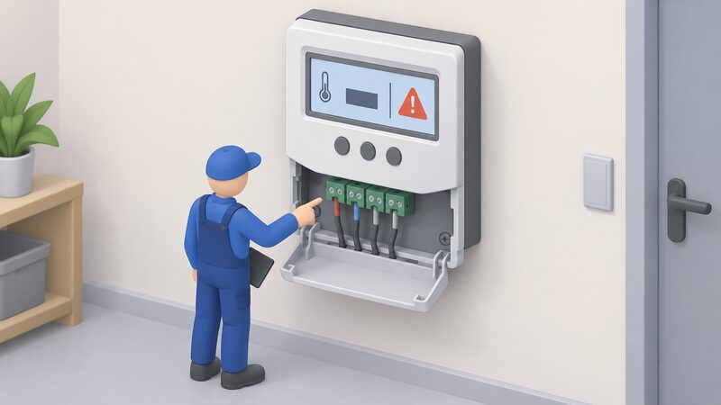 A wall-mounted RESOL DeltaSol-style solar thermal controller shown close up, its display showing a plain temperature reading block beside a fault indicator symbol, with the lower terminal cover open to reveal sensor cable terminals and a technician's simplified figure pointing at them.