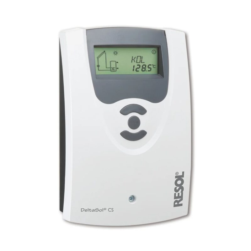 A white RESOL DeltaSol CS solar heating controller with LCD display and buttons, shown on a plain background