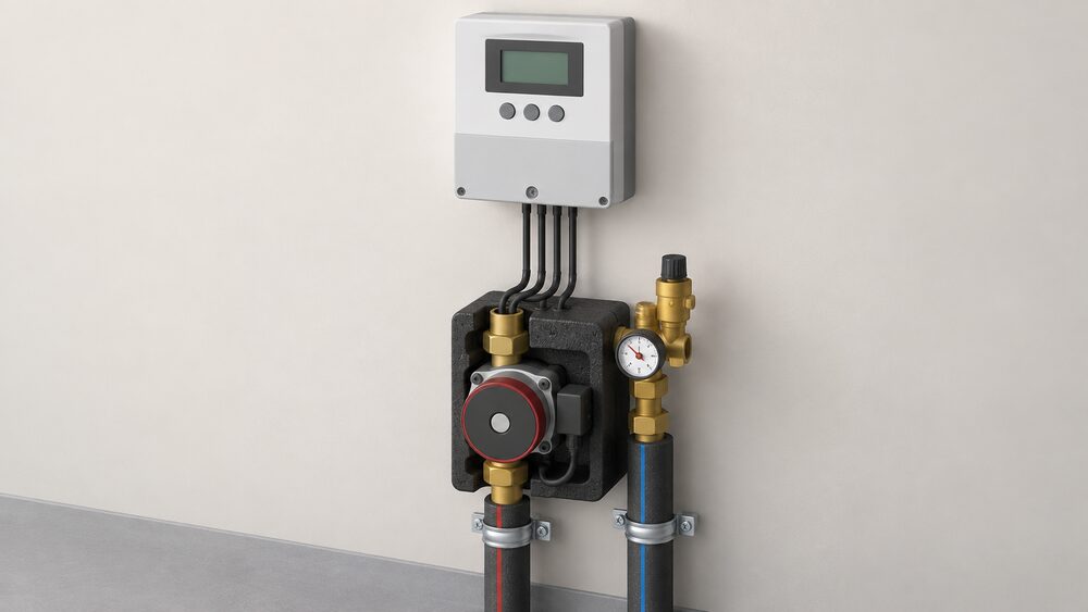 A close-up of a RESOL DeltaSol BS/2 solar thermal controller, a plain rectangular box with a three-button interface, mounted on an interior wall with its temperature sensor cables running down to a solar pump station and pipework below it.