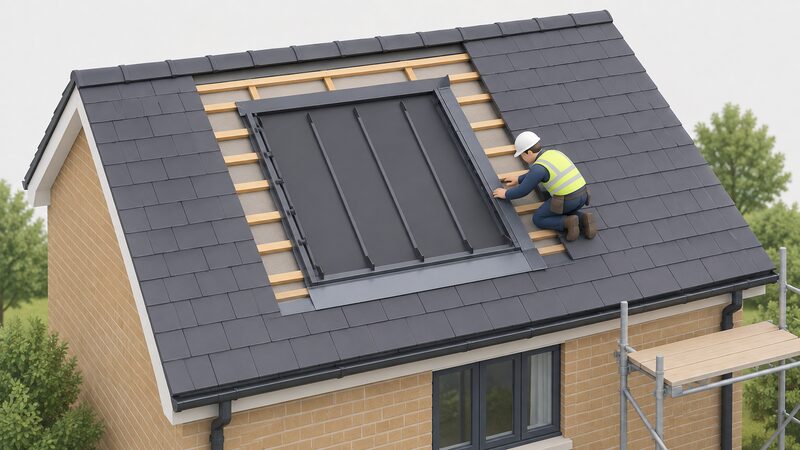 An installer on a partially stripped pitched roof fits a shallow in-roof mounting tray into the bare section, with flashings being detailed at its edges and intact roof covering surrounding the array footprint, before any modules are laid.