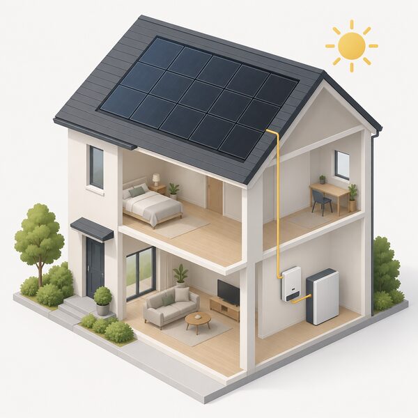 A cutaway view of a house with an in-roof solar array flush in the roof covering, and indoors a battery storage unit standing beside the wall-mounted inverter, with a simple line linking the roof array down to the indoor equipment to show daytime generation being stored for evening use.