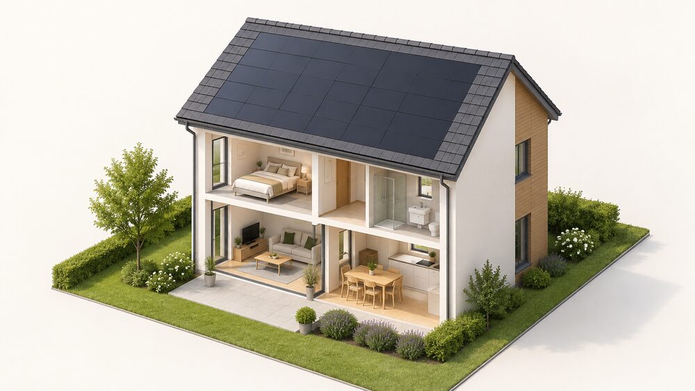 A house roof seen from outside on a sunny day, with a large area of dark solar tiles laid flush within the roof plane like ordinary tiles, surrounded by matching non-solar tiles at the edges, ridge and verge, with no rails or brackets visible above the covering.