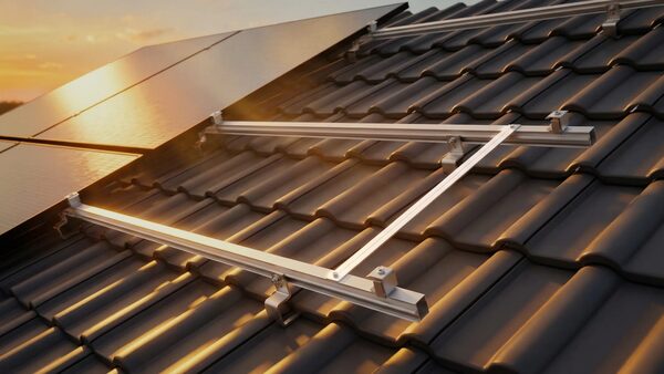 Aluminium solar panel mounting rails fixed to a tiled roof with solar panels partly installed