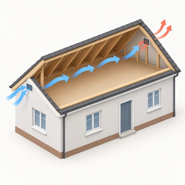 A cutaway view of a pitched roof showing air entering through a vent at the eaves at one gable end, travelling in simple arrow paths across the open roof void above the ceiling, and exiting through a vent at the opposite end.