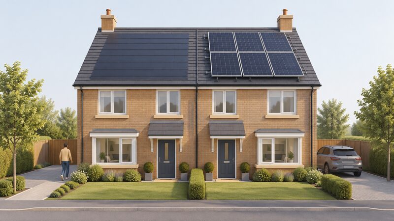 A semi-detached house seen from the front with one roof slope covered in solar tiles that blend flush with the surrounding tiling, and the other slope carrying framed on-roof panels raised above the tiles on mounting rails.