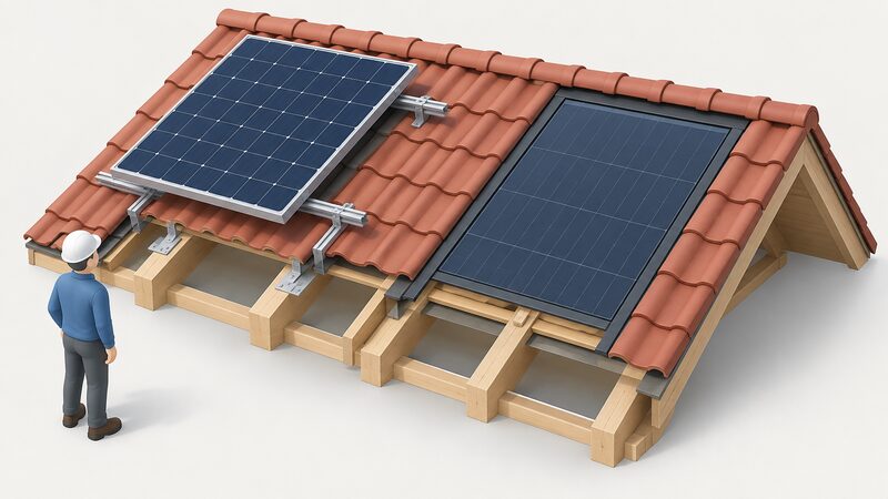 A cutaway of a pitched roof showing an on-roof solar panel bolted to anchors and rails sitting above the tiles beside an integrated panel set flush in the roof plane replacing the covering.