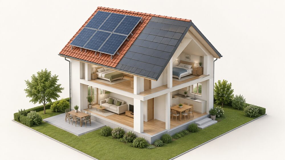 A cutaway of a pitched house roof showing two arrays side by side: framed solar panels on a mounting frame sitting above the intact tile covering on one roof slope, and solar tiles fitted flush into the roof plane replacing the covering on the other slope.
