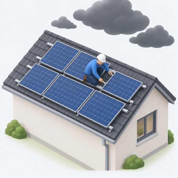 A simplified isometric figure in plain clothing kneels on a pitched roof beside rows of on-roof solar panels held on mounting rails, using a hand tool to check the panel fixings for looseness, corrosion and movement after a storm, with a few dark cloud shapes overhead.