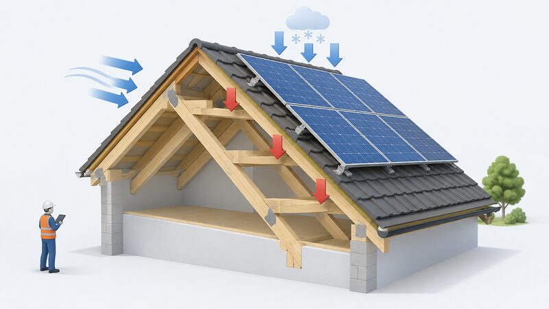 A cutaway structural drawing of a pitched roof showing the rafters and purlins in section, with a simplified solar array on top and plain annotation blocks and arrows indicating the additional static, wind and snow loads the timbers must carry.