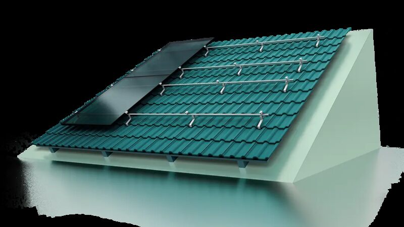 A 3D render of a pitched tiled roof showing solar panel mounting rails and hooks with one panel partially installed