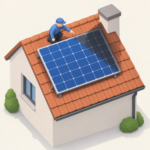 A tilted solar panel on a house roof with one corner covered by a soft shadow, the shaded third of its cell grid shown in a duller tone while the remaining two thirds stay bright, with a small isometric figure on the roof pointing at the shaded corner.