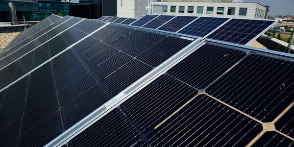 Rows of solar panels mounted on a flat rooftop with office buildings behind