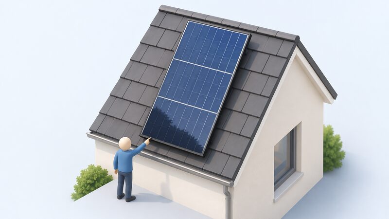 A portrait-mounted solar panel on a roof with a shadow creeping up across its bottom short edge, the panel face divided by two horizontal lines into three electrical zones all touched by the shade, with a small isometric figure pointing at the shaded edge.
