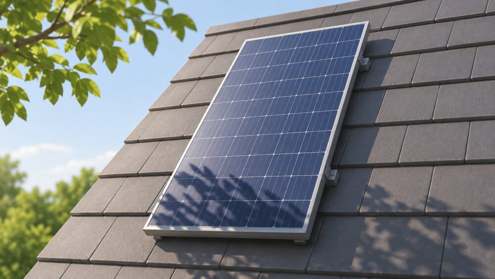 A close-up of a single portrait-mounted solar panel on a roof, with the long shadow of a leafy tree branch falling across its bottom short edge while the rest of the panel sits in bright daylight.