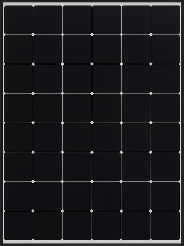 A black monocrystalline solar panel with a grid of cells on a white background