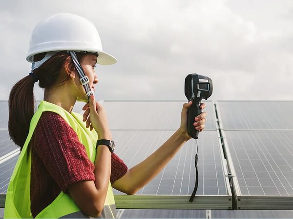 A woman in a hard hat and hi-vis vest using a thermal imaging camera to inspect solar panels