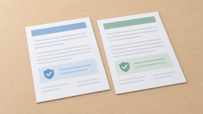 Two printed guarantee terms documents lying side by side on a table, drawn as physical sheets with plain colour bands and blank lines instead of readable text, each with a differently shaded validity-date block so the two versions read as distinct editions.