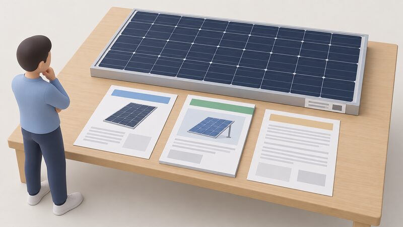 A solar PV module lying flat on a table with its product label visible on the frame, beside a printed datasheet, an installation manual and a guarantee terms document spread out for reading, with blank lines and plain blocks standing in for all text.