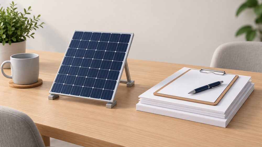 A small model of a dark blue monocrystalline solar panel stands on a table beside a neat stack of blank paperwork — a datasheet, an installation manual and a guarantee document — with a clipboard and pen resting on top.