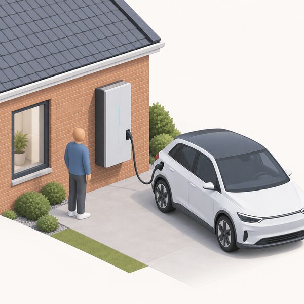 A single tall wall-mounted cabinet combining inverter, battery and EV charger fixed to the outside brick wall of a house, with a simplified isometric figure standing beside it and a cable running from the unit to a parked electric car nearby.
