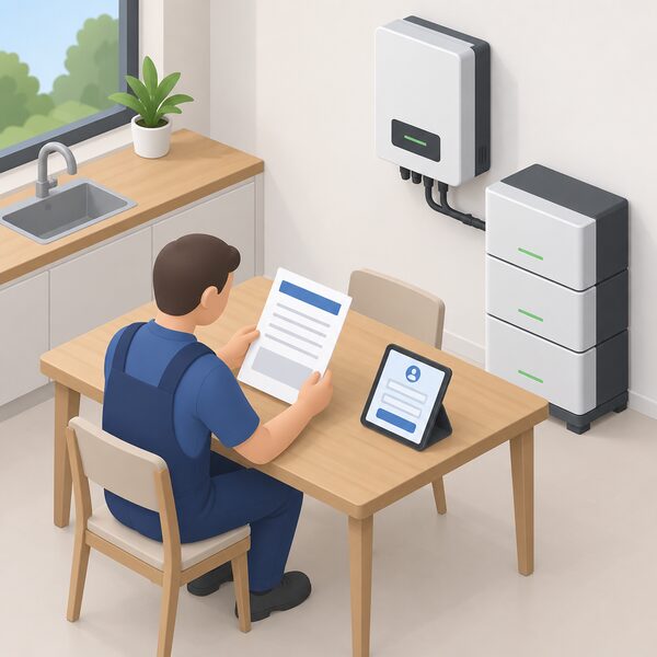 An installer in plain work clothes sits at a kitchen table beside a wall-mounted hybrid inverter and stacked battery unit, holding and reading a printed warranty document shown with blank lines and plain colour bands, with a tablet or phone displaying a registration screen nearby.