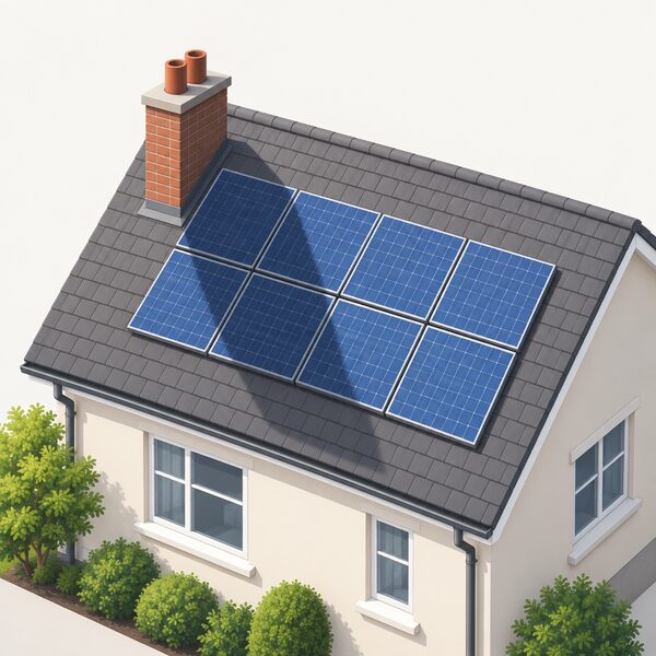 A house roof with a row of solar panels where a soft-edged shadow from a brick chimney falls diagonally across some of the panels, leaving the rest of the array in sunlight.