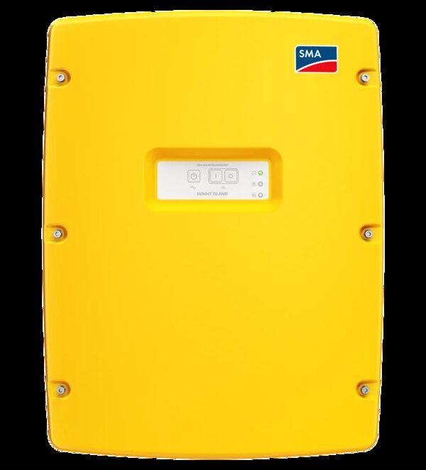 A yellow SMA Sunny Island battery inverter unit shown front-on against a white background