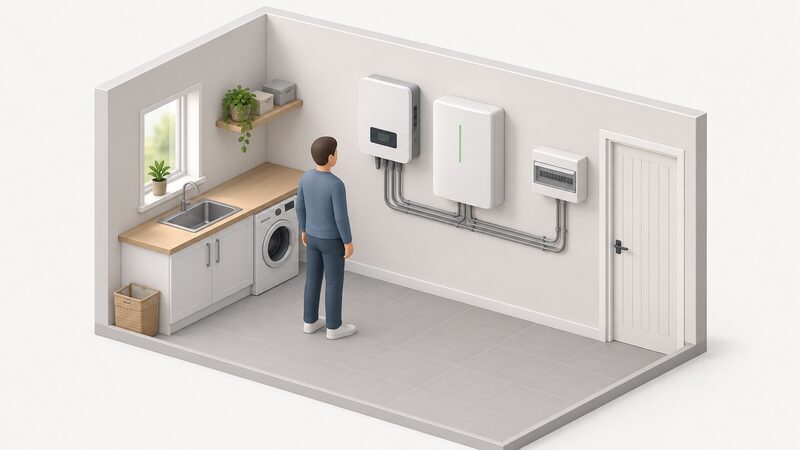 A small isometric utility room with a hybrid inverter and a wall-mounted battery unit fixed side by side on the wall, connected by conduit running across to a consumer unit, with a simplified figure standing beside the installation.