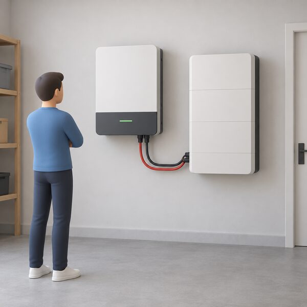 A plain wall-mounted hybrid inverter unit indoors with a short cable run connecting it to a matching battery pack mounted beside it on the same wall, both shown as generic unbranded equipment in a simple utility space.