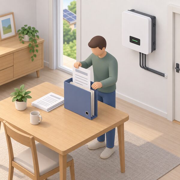 A home file folder on a table holding the commissioning paperwork and a written warranty confirmation sheet, with a small isometric figure filing the confirmation alongside the documents, a wall-mounted solar inverter visible in the background of the room.