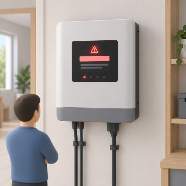 A wall-mounted solar inverter indoors with its display panel lit by a fault indicator light and a plain blank code band and message lines, with no readable characters, shown as a simple physical object in a home setting.