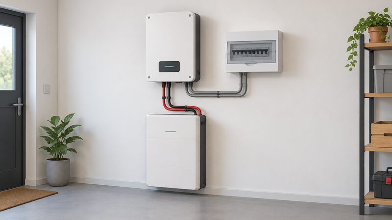 A wall-mounted hybrid inverter with its cover in place, connected by cabling to a home battery unit beside it and to a consumer unit on the same wall of a utility space.