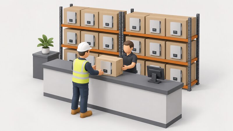 A trade counter at a wholesale electrical distributor with shelving behind it stacked with boxed solar inverters, and an installer figure at the counter collecting a box.
