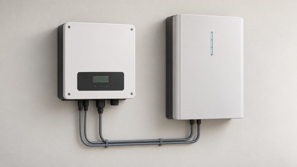 A close-up of a wall-mounted SOFAR-style hybrid inverter box indoors, with a home battery unit mounted beside it on the same wall, connected by visible conduit, and nothing else in the frame.