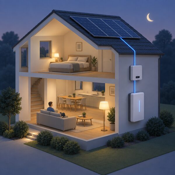 A cutaway home interior at evening with a wall-mounted battery storage unit connected on the AC side after the inverter to rooftop solar panels, powering a lit lamp, showing stored daytime generation being used after dark.