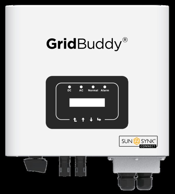 A Sunsynk GridBuddy string inverter, a white wall-mounted unit with status display and connection ports