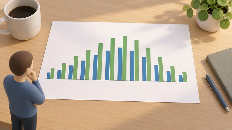 A printed bar chart sheet lying on a table, showing twelve plain bars for the months in two paired sets, one set for a home without a battery and one for a home with a battery, with the battery bars taller in summer but both sets dipping low in winter.
