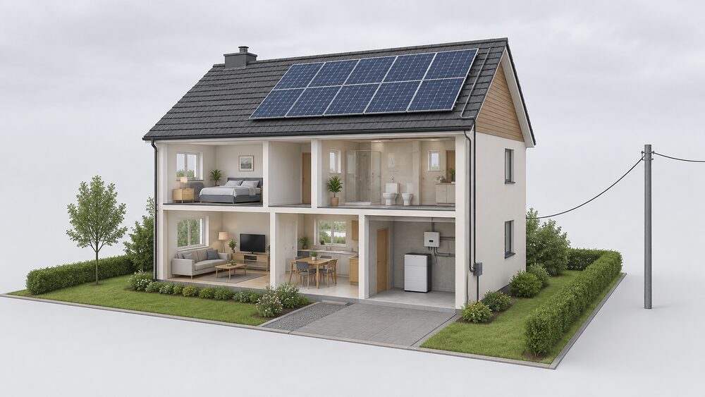 A cutaway of a house on an overcast day showing solar panels on the roof, a battery storage unit in the garage, and a cable running down the outside wall to the street, with the grid connection still in place.
