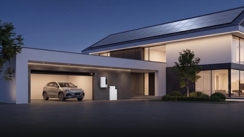 A modern house at dusk with rooftop solar panels, an electric car in the garage, and a wall-mounted hybrid inverter and battery unit outside