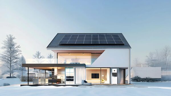 A modern house with rooftop solar panels in a snowy landscape