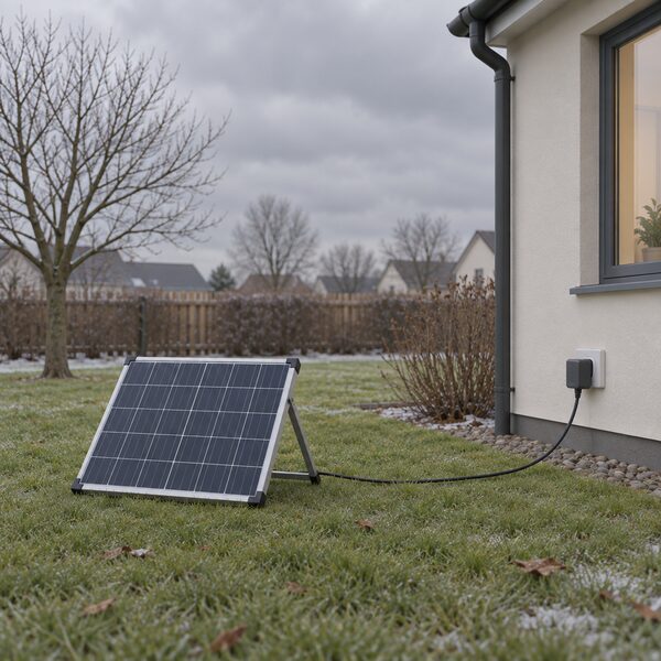 A small portable solar panel on a stand in a grassy garden under a heavy grey overcast winter sky, with a cable running from the panel to a small plug-in inverter unit near the house wall, a bare tree and dull light conveying weak winter output.