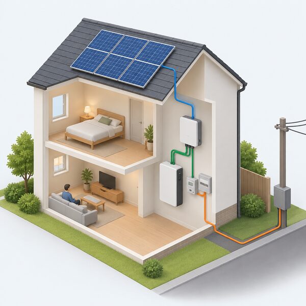 A cutaway view of a home with a battery unit on an indoor wall beside an electricity meter and consumer unit, connected by cables to a solar inverter and up to rooftop panels, with a supply cable running out to the street grid connection.