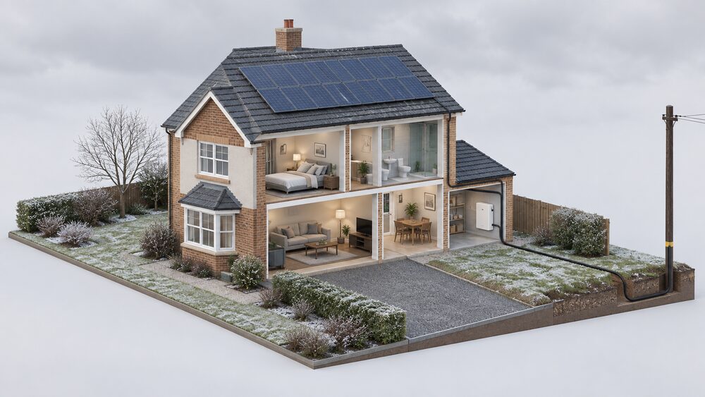 A cutaway UK house on an overcast winter day with solar panels on the roof, a battery on the wall of the garage or utility space, and a grid cable running to the street, showing stored and bought electricity covering the winter shortfall.