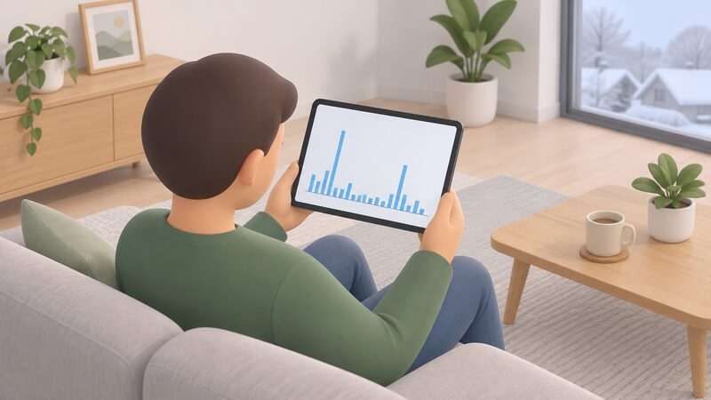 A wall-mounted tablet or phone screen showing a monitoring app with a bar chart of daily generation, bars mostly very short across December and January with one or two much taller bars, held or viewed by a simplified figure in a home interior.