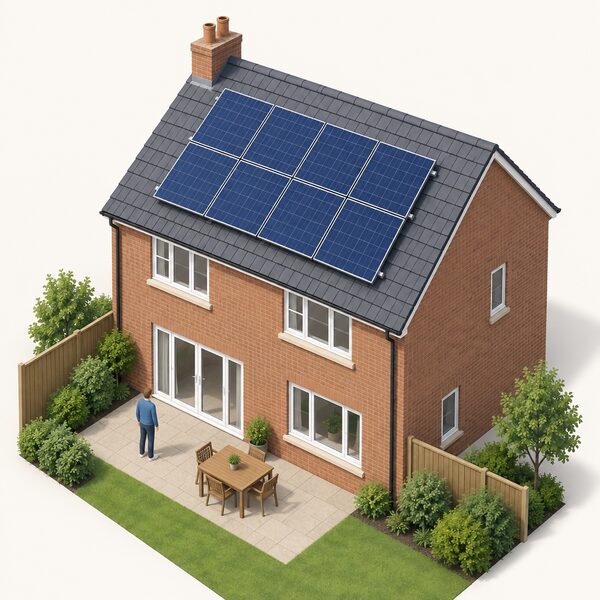 A typical UK pitched-roof house with a rooftop solar panel array installed on the rear roof slope, shown from an elevated angle so the full system of panels fixed in rows over the tiles is visible as the kind of installation the payback figures describe.