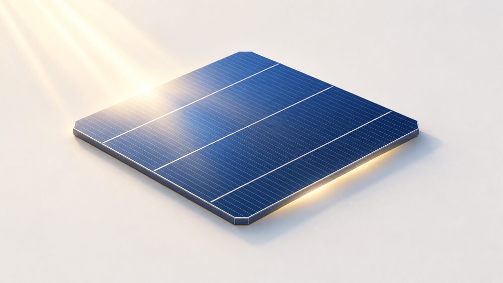 A close-up of a single square crystalline silicon solar cell lying flat, with sunlight striking its front surface and a soft glow of reflected light bouncing back from its ultra-thin rear passivation layer, shown as a faint mirrored sheen along the cell's back edge.